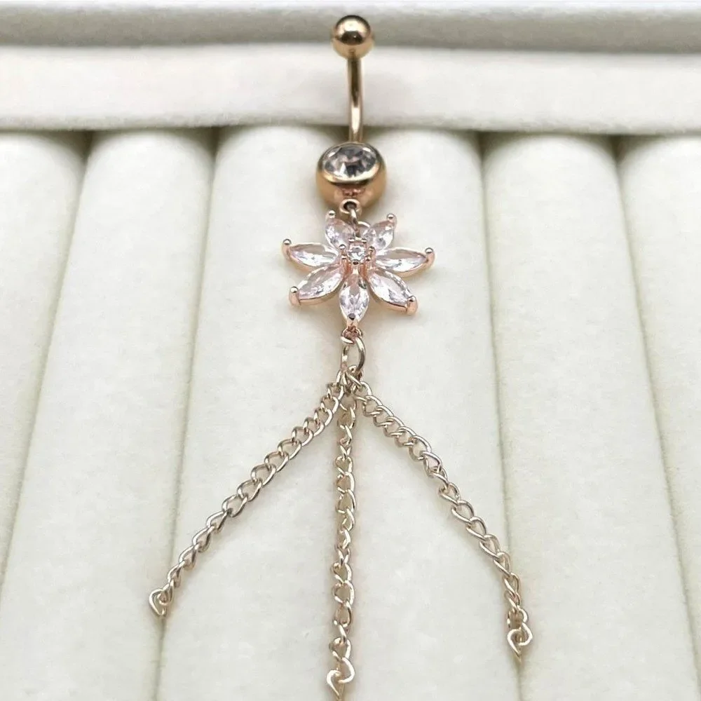 316L Stainless Steel with White Diamond Cubic Zirconia Flower 14G Belly Ring